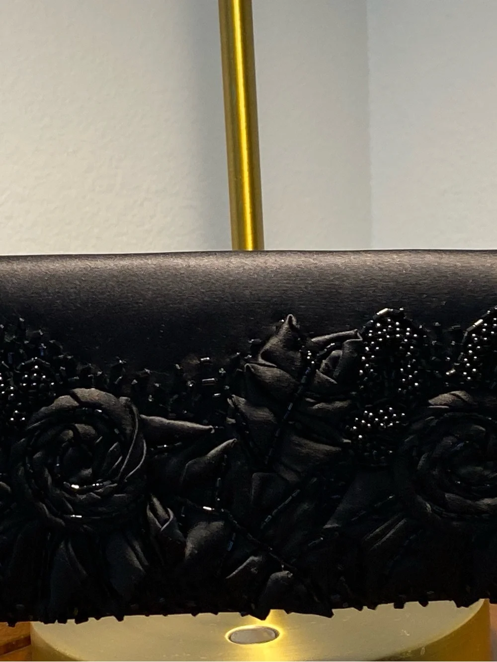 Black Floral Appliqué Evening Clutch with Chain Strap